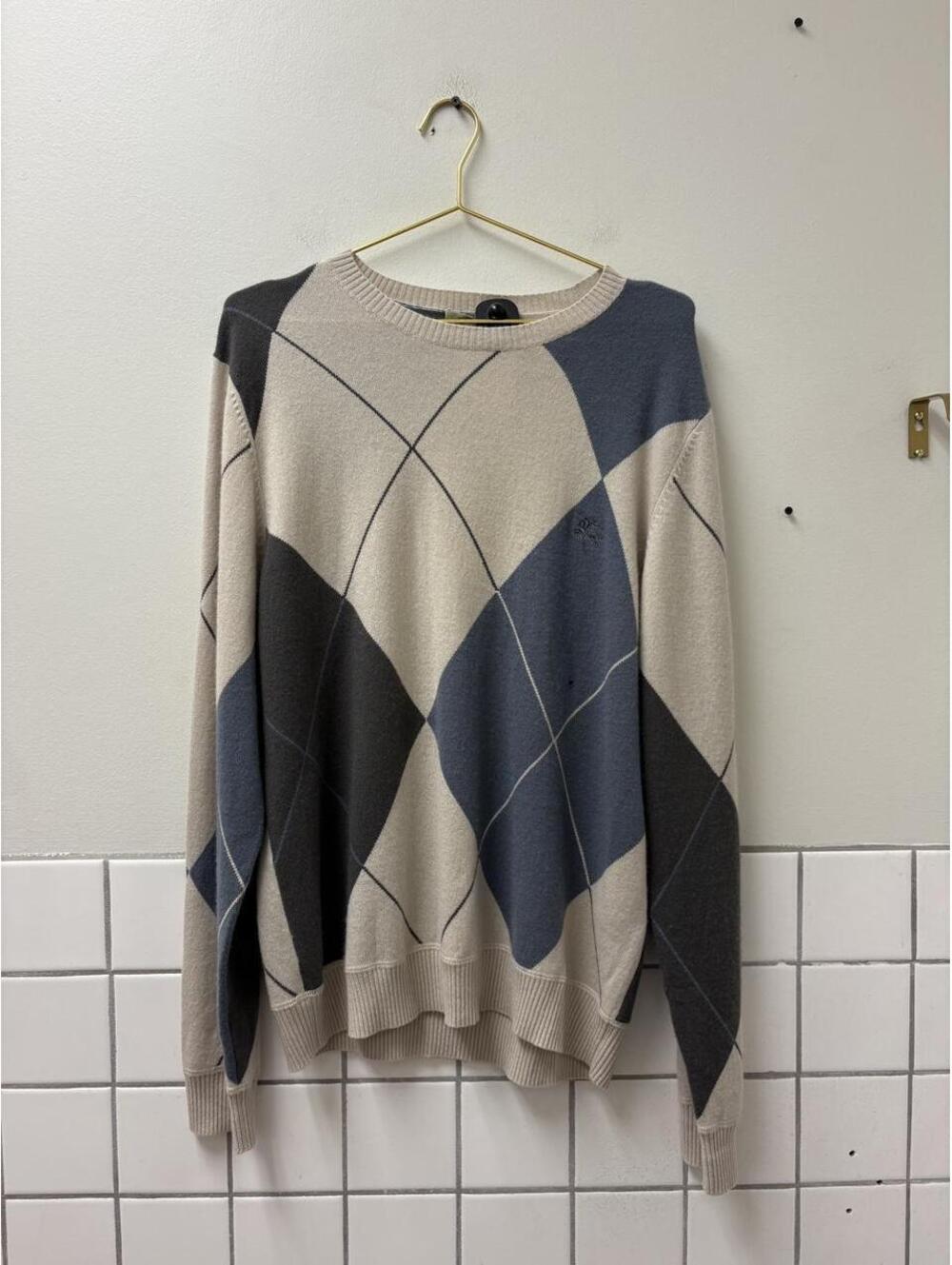 Vintage Burberry London argyle sweater in cream, blue, and gray